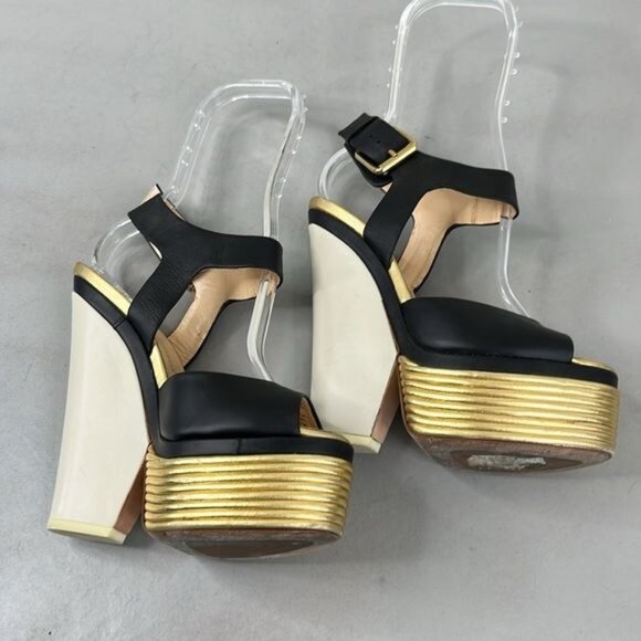 Giuseppe Zanotti Gold Black Leather Peep Toe Platform Sandals Pumps - Picture 6 of 11